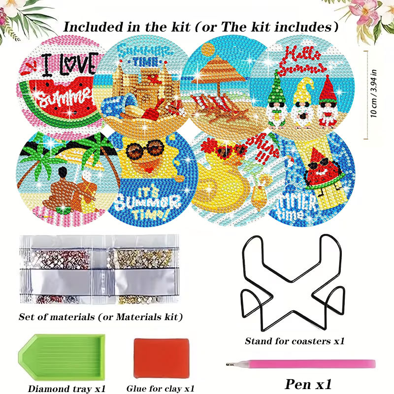 Resin Art Kit For Beginners - 8PCS Summer Beach Diamond Painting Coasters